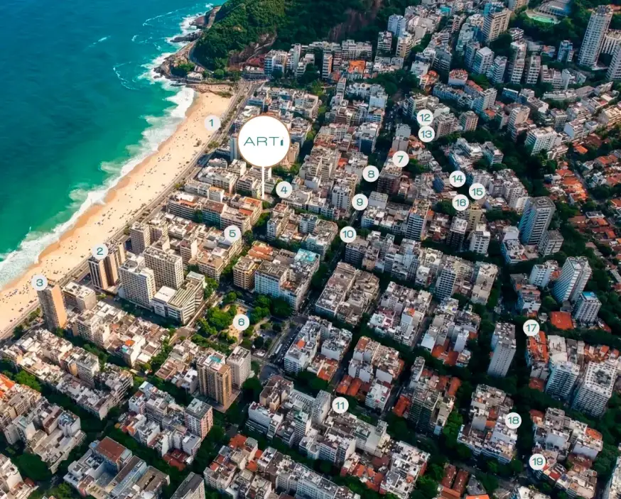 Mapa aéreo do ARTi Leblon e pontos de interesse próximos